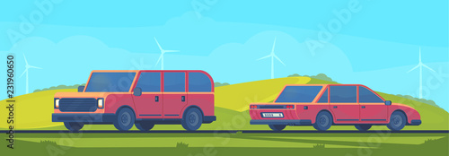 Flat vector illustration of outdoor summer or spring landscape with car on road. Trip by car.