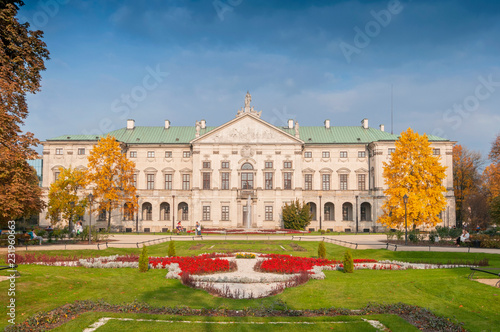 Decorative facade of Baroque style Krasinski Palace in Warsaw seen from the garden, Poland.