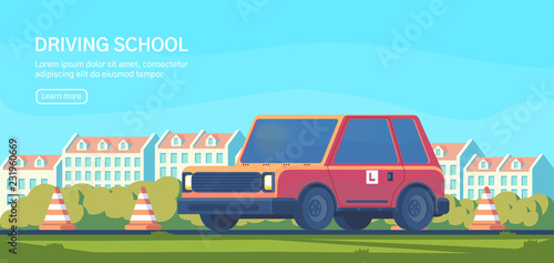 Driving school. Practical testing of maneuvers and exercises to improve driving skills. Flat vector illustration.