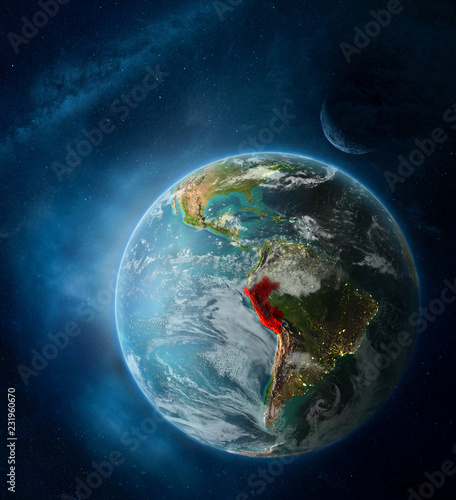 Fototapeta Naklejka Na Ścianę i Meble -  Peru from space on Earth surrounded by space with Moon and Milky Way. Detailed planet surface with city lights and clouds.