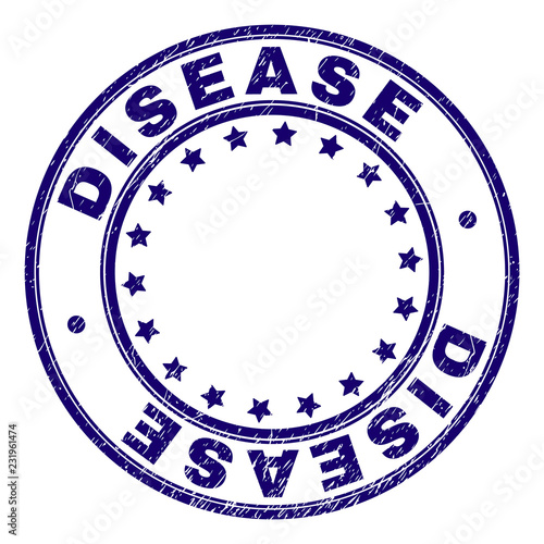 DISEASE stamp seal watermark with distress texture. Designed with round shapes and stars. Blue vector rubber print of DISEASE tag with dirty texture.