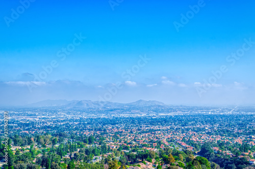 Marine layer fog on autumn morning over Southern California suburbs