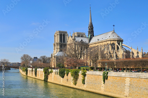 River Seine and southern facade of the Cathedral of Notre Dame de Paris, France.