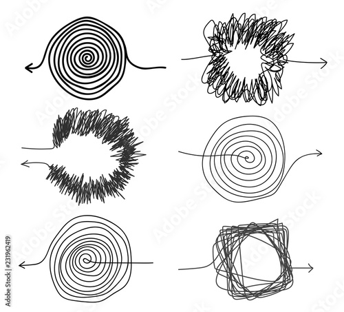 Set of Multi directional scribble insane arrows. Of brainstorming complexity. Embarrassing and chaos with hard solution ink sketch. Vector illustration. Isolated on white background.
