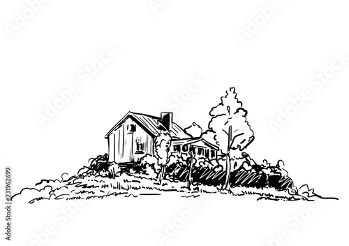 Sketch of countryside house surrounded by trees Hand drawn vector illustration