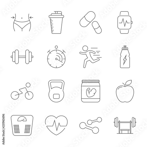 Simple set sport, fitness, gym equipment related vector line icons. Fitness training, bodybuilding, dumbbells, weight loss, muscle, sports nutrition