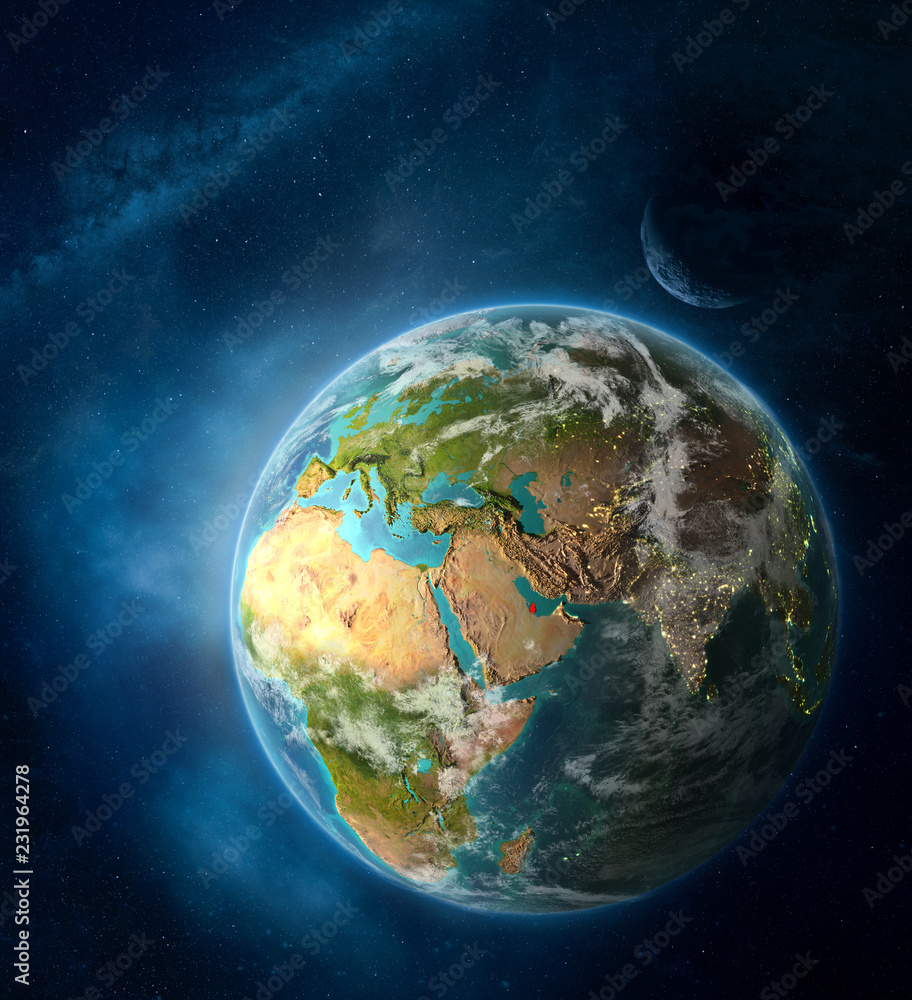 Qatar from space on Earth surrounded by space with Moon and Milky Way. Detailed planet surface with city lights and clouds. Qatar from space on Earth surrounded by space with Moon and Milky Way. Detailed planet surface with city lights and clouds.