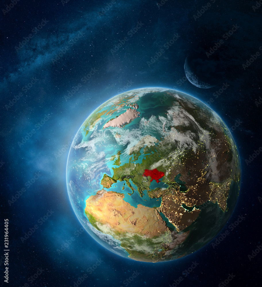 Fototapeta premium Ukraine from space on Earth surrounded by space with Moon and Milky Way. Detailed planet surface with city lights and clouds.