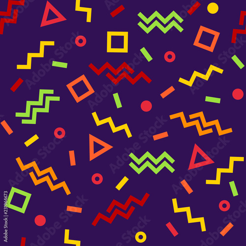 Geometric seamless pattern  colorful shapes on dark purple background. Vector illustration