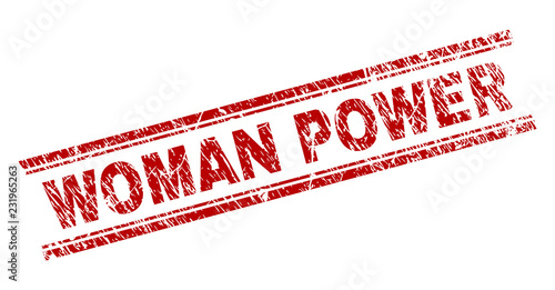 WOMAN POWER seal watermark with corroded texture. Red vector rubber print of WOMAN POWER text with grunge texture. Text caption is placed between double parallel lines.