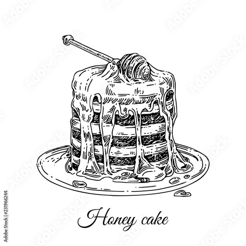 Russian cake with honey. Medovik. Sketch. Engraving style. Vector illustration.
