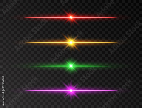 Neon line set. Color shine beams. Glowing line set on transparent background. Realistic lens flare set. Flash with rays and spotlight. Glow lights, stars and sparkles. Vector illustration