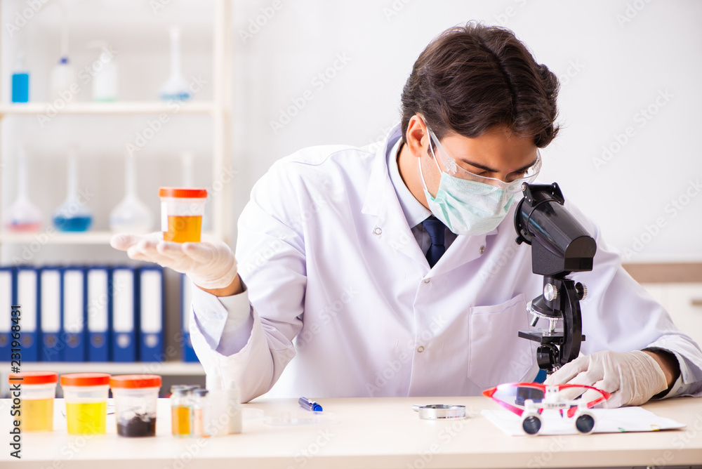 Young handsome chemist working in the lab