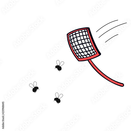 Fly swatter with mosquitos. Tool for destruction of insects at home. Red swatter. Flat vector illustration isolated on white background. photo