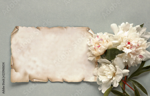 White peonies with paper on wooden background 
