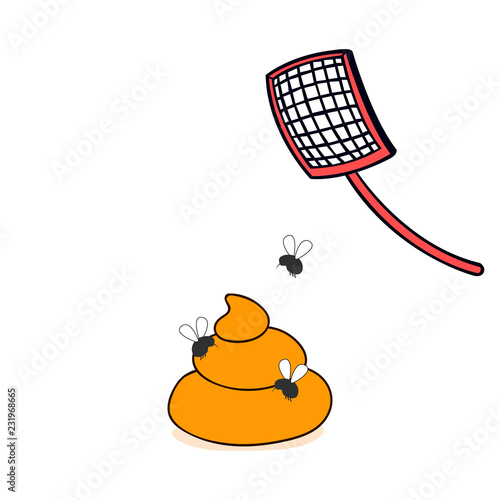 Fly swatter with mosquitos. Tool for destruction of insects at home. Red swatter. Flat vector illustration isolated on white background.