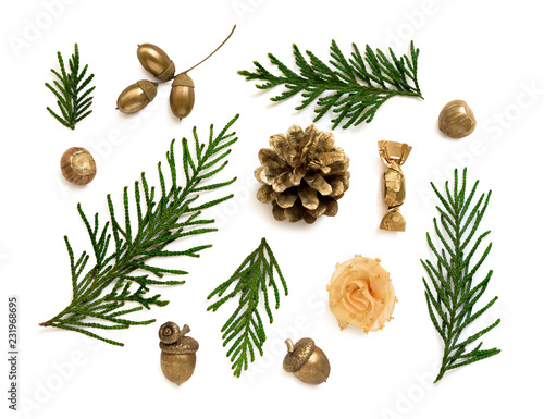 Set of Christmas and New Year decoration for design on the white background with thuja, cones and decorations. Scrapbooking ideas