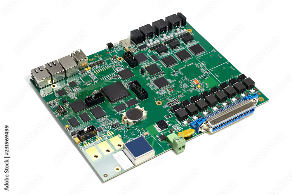 Electronic printed circuit board with chips and other components, green color, front side, angled view, isolated on white background Electronic printed circuit board with chips and other components, green color, front side, angled view, isolated on white background