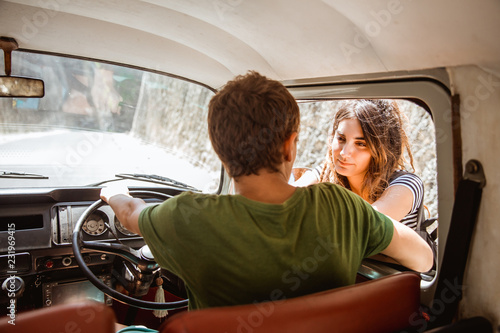 beautiful caucasian women hipster hitchhiking 