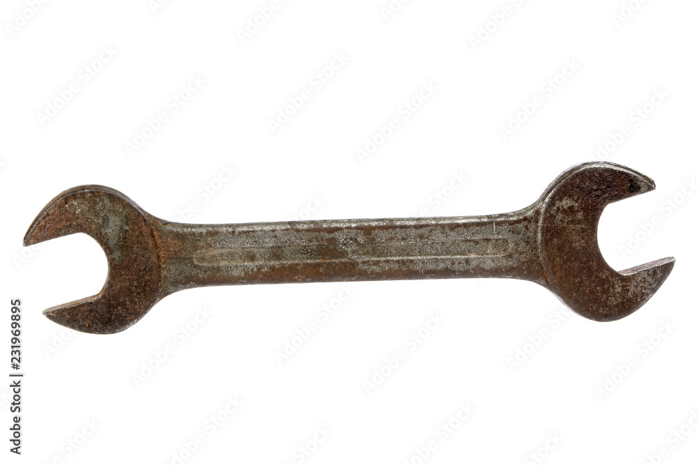Old metal wrench key open end isolated white Old metal wrench key open end isolated white