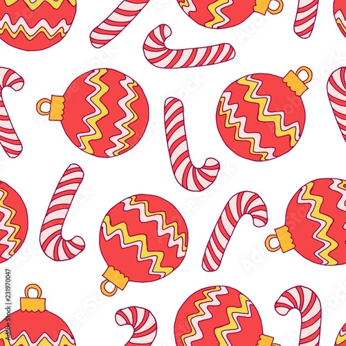 Decorative seamless pattern with christmas red balls and candies