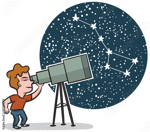 A little boy looks through a telescope at the stars 