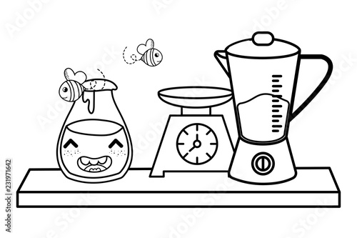 Kitchen and food kawaii cartoons in black and white