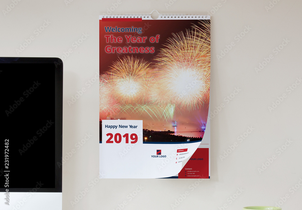 Wall Calendar Layout with Red and Blue Accents Stock Template | Adobe Stock