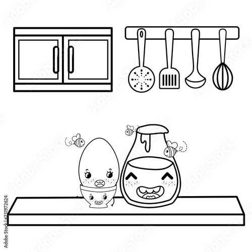 Kitchen and food kawaii cartoons in black and white