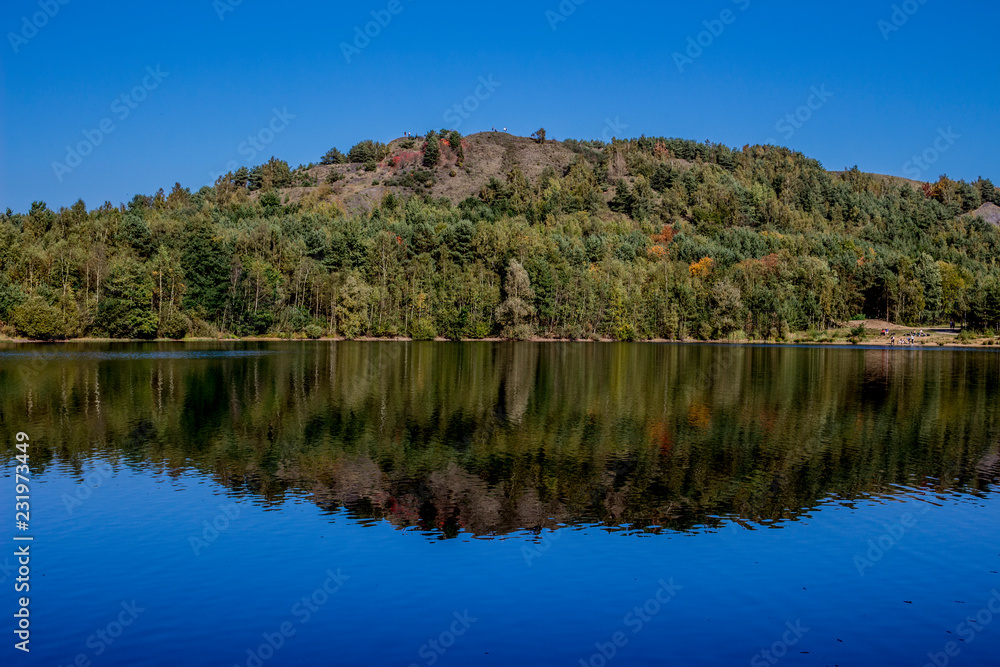 beautiful view of a lake and a mountain with many trees in a wonderful day with a blue sky and an incredible reflection in the water in Maasmechelen Belgium, copy space or space for text