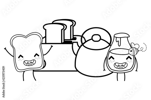 Kitchen and food kawaii cartoons in black and white