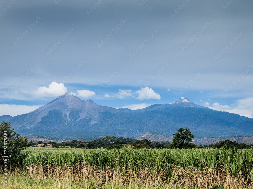 Fototapeta premium Mexican mountainous landscape with sugarcane plantation against blue sky, mountain range and the volcano in the background, summer day in the volcanic belt in the state of Jalisco, Mexico