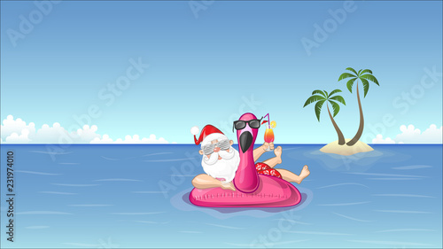 Santa Claus on inflatable flamingo float enjoys the summer vacation © Anura.dsgn