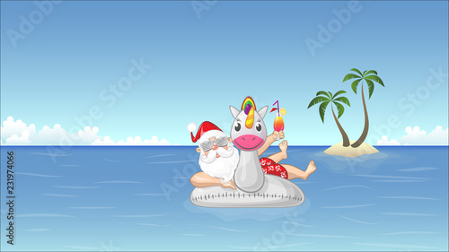 Santa Claus on inflatable unicorn float enjoys the summer vacation