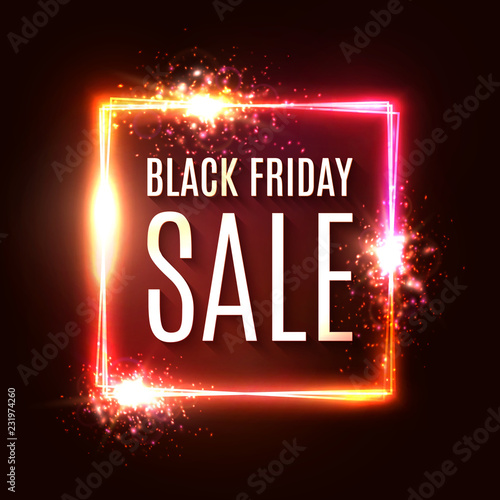 Black friday banner. Seasonal sale design template. Black friday text in square light frame on dark red backdrop. Rectangle glowing neon background. Bright discount vector illustration.