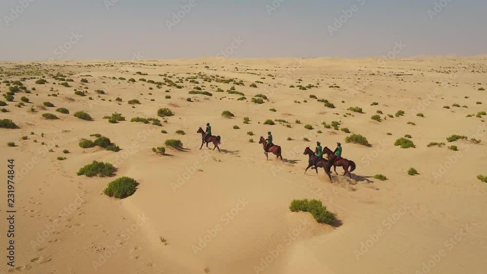 Aerial view group people riding horses on a race in the desert of Al Khatim in Abu Dhabi, U.A.E. Aerial view group people riding horses on a race in the desert of Al Khatim in Abu Dhabi, U.A.E.