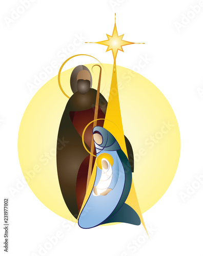 Christmas nativity scene - Joseph Mary and baby Jesus. Vector color illustration.