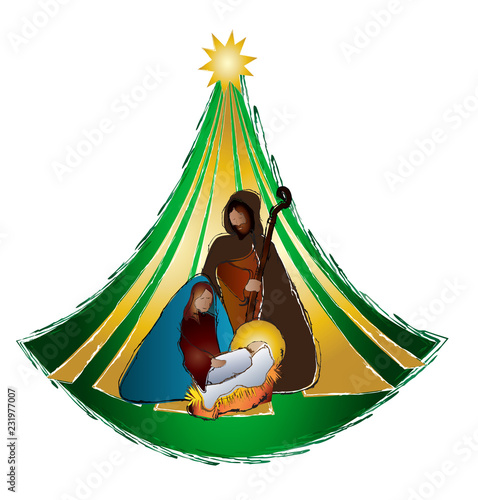 Christmas nativity scene - Joseph Mary and baby Jesus with a christmas tree. Vector color illustration.