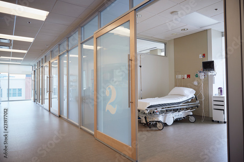 Empty hospital hallway and room