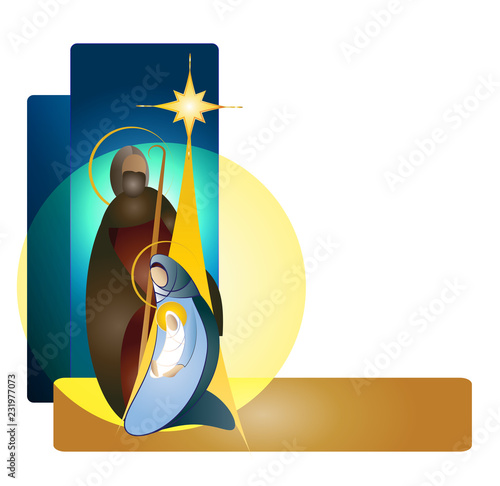 Christmas nativity scene - Joseph Mary and baby Jesus. Vector color illustration with copy space for text.