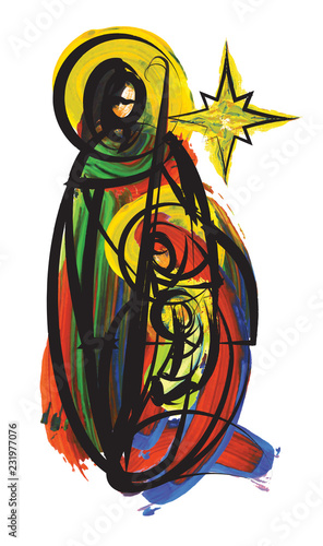 Christmas nativity scene - Joseph Mary and baby Jesus. Abstract artistic watercolor painting. photo