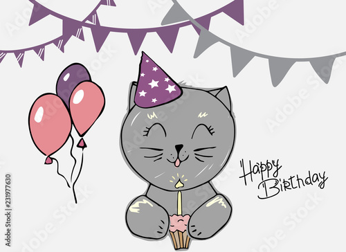 Cute cat blows out the candle on the cupcake. creative cards templates with Happy birthday theme design. Hand Drawn card for birthday, anniversary, party invitations, scrapbooking. Vector illustration