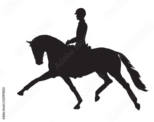 A silhouette of a dressage rider on a horse.