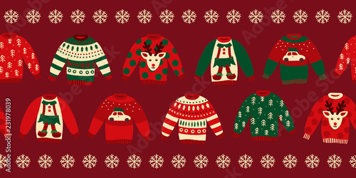 Ugly Christmas sweaters seamless vector border. Knitted winter jumpers with norwegian ornaments and decorations. Holiday design green, red, white for party invitation, banner, greeting cards, posters