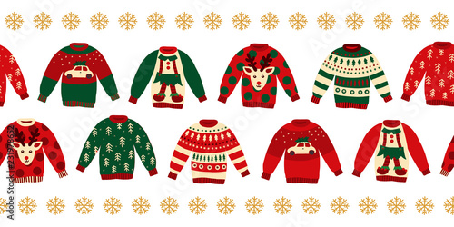 Ugly Christmas sweaters seamless vector border. Knitted winter jumpers with norwegian ornaments and decorations. Holiday design green, red, white for party invitation, banner, greeting cards, posters