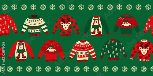 Ugly Christmas sweaters seamless vector border. Knitted winter jumpers with norwegian ornaments and decorations. Holiday design green, red, white for party invitation, banner, greeting cards, posters