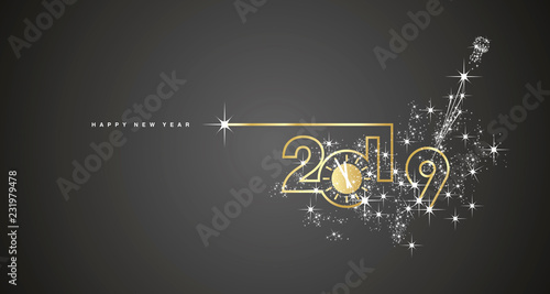 New Year 2019 line design gold clock sparkle firework champagne white black vector