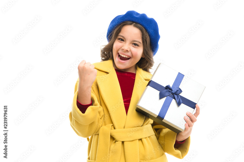 Kid little girl in elegant coat curly hairstyle hold gift box. Child excited about unpacking her gift. Small cute girl received holiday gift. Dreams come true. Best birthday and christmas gifts Kid little girl in elegant coat curly hairstyle hold gift box. Child excited about unpacking her gift. Small cute girl received holiday gift. Dreams come true. Best birthday and christmas gifts