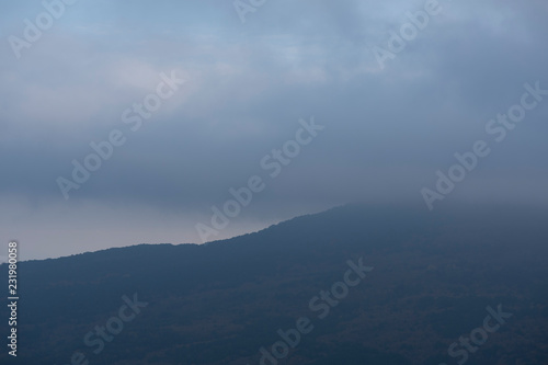 forest hills, pass, with autumn trees in heavy fog. cumulonimbus gray clouds hang over the mountains, the pass.there are big trees on the pass. there is a strip of light between the hill and the © chervovrv