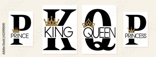 King,Queen, Prince and Princess. Mom, dad, little sister, brother, daughter, son - set of family crown design. Black text isolated on white. Printable: t-shirt, pillow, mug, cup, sweatshirt, pajamas